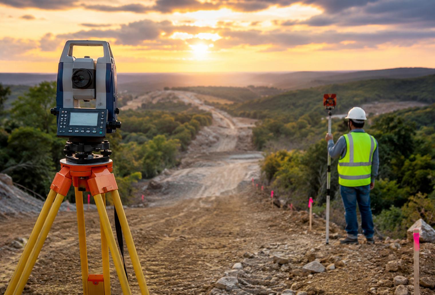 Surveyor using gradient surveying equipment to measure elevation along rugged terrain in Uvalde, Texas.