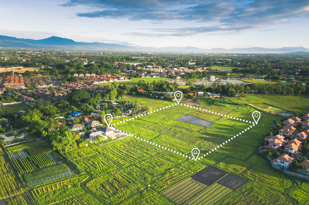 Land,plot,in,aerial,view.,gps,registration,survey,of,property,
